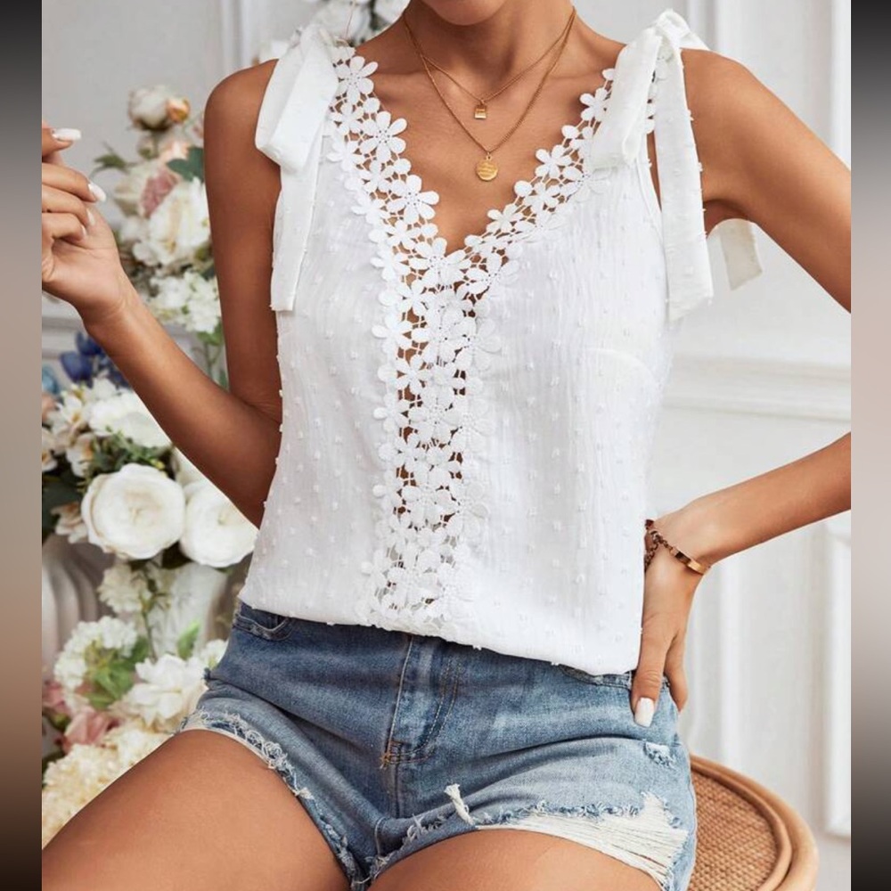 Boho white Swiss dot lace appliqué top